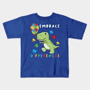 Autism Awareness T-Rex Dinosaur Color Puzzles Heart Balloons Kids T-Shirt